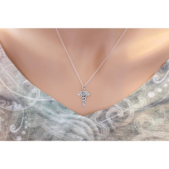 Sterling Silver Medical Staff Charm Necklace, Medical Staff Pendant Necklace - Picture 2 of 3